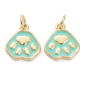 Brass Enamel Pendants, Long-Lasting Plated, Real 18K Gold Plated, Dog Paw Prints, Pale Green, 13.5x12x2mm, Hole: 3mm