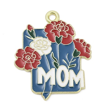 Mother's Day Alloy Enamel Pendants, Carnation with Word Mon, Steel Blue, 27.5x22.5x1mm, Hole: 1.8mm