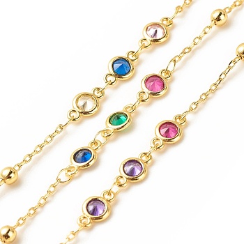 Cubic Zirconia Flat Round Link Chain, with Brass Cable Chains, Long-Lasting Plated, Soldered, with Spool, Colorful, 10x5x2mm