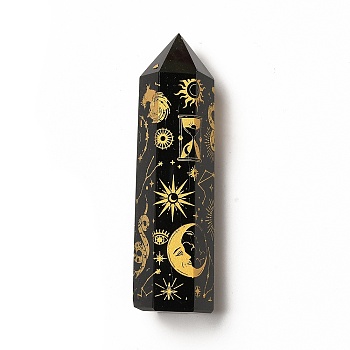 Point Tower Natural Obsidian Home Display Decorations, Hexagon Prism with Moon Sun Snake Pattern, Gold, 20~22x23~25x80~90mm
