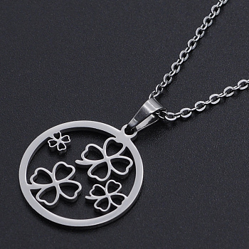 Non-Tarnish 201 Stainless Steel Pendants Necklaces, with Cable Chains and Lobster Claw Clasps, Flat Round with Clover, Stainless Steel Color, 17.71 inch(45cm), 1.5mm