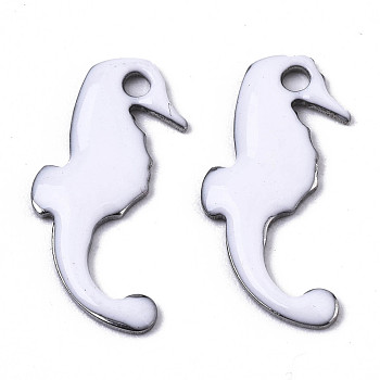 201 Stainless Steel Enamel Charms, Sea Horse, Stainless Steel Color, White, 15x7x1mm, Hole: 1.2mm