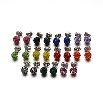 Polymer Clay Rhinestone Ball Stud Earrings, with Stainless Steel Stud Earring Findings, Stainless Steel Color, Mixed Color, 8mm, Pin: 0.8mm