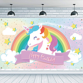 Polyester Hanging Banner Sign, Rectangle with Word, Party Decoration Supplies Celebration Backdrop, Happy Birthday, Unicorn Pattern, 1100x1850mm