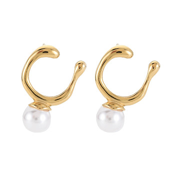 304 Stainless Steel U-shape Stud Earrings with ABS Platic Pearl for Women, Golden, 30x20mm, Pin: 0.7mm