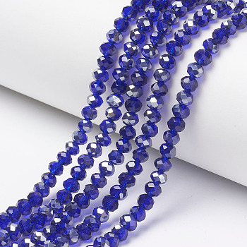 Electroplate Transparent Glass Beads Strands, Half Gray Plated, Faceted, Rondelle, Dark Blue, 4x3mm, Hole: 0.4mm, about 123~127pcs/strand, 16.5~16.9 inch(42~43cm)