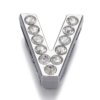 Alloy Letter Slide Charms, with Crystal Rhinestone, Cadmium Free & Lead Free, Platinum, Letter.V, 20x16.5x6.5mm, Hole: 3x18.5mm