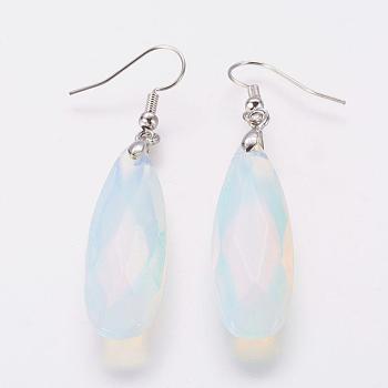 Opalite Dangle Earrings, with Brass Findings, Oval, Faceted, 62mm,Pin: 0.5mm