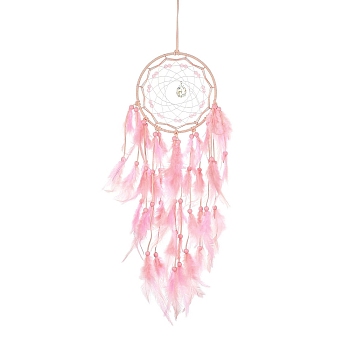 Woven Web/Net with Feather Hanging Ornaments, Iron Ring and Wood Beads for Home Living Room Bedroom Wall Decorations, Pink, 685mm