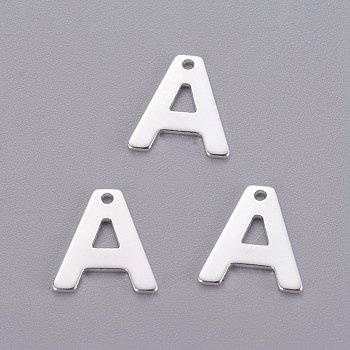 201 Stainless Steel Charms, Letter, Silver Color Plated, Letter.A, 11x10x0.7mm, Hole: 1mm