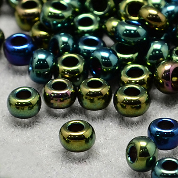 8/0 Grade A Round Glass Seed Beads, Metallic Colours Iris, Teal, 8/0, 3x2mm, Hole: 1mm, about 10000pcs/bag