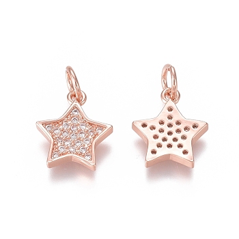 Brass Micro Pave Clear Cubic Zirconia Charms, with Jump Rings, Star, Rose Gold, 12x10x2mm, Jump Ring: 5x0.7mm, Inner Diameter: 3.6mm