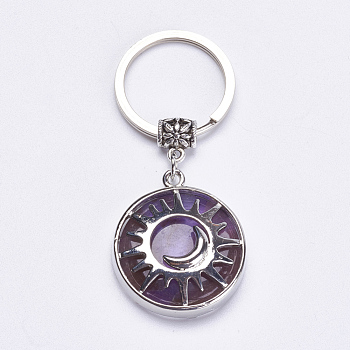 Natural Amethyst Keychain, with Brass Finding, Flat Round with Sun & Moon, 64mm