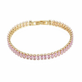 Cubic Zirconia Classic Tennis Bracelet, Real 18K Gold Plated Brass Cubic Zirconia Link Chain Bracelet for Women, Nickel Free, Pearl Pink, 7-1/8 inch~7-1/2 inch(18~19cm)