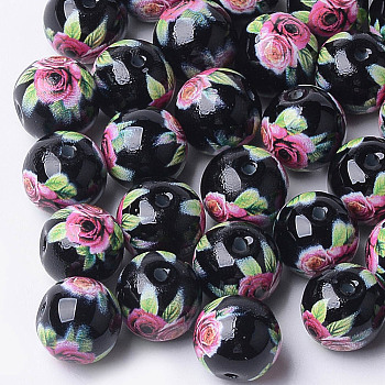 Printed & Spray Painted Glass Beads, Round with Flower Pattern, Black, 8~8.5x7.5mm, Hole: 1.4mm