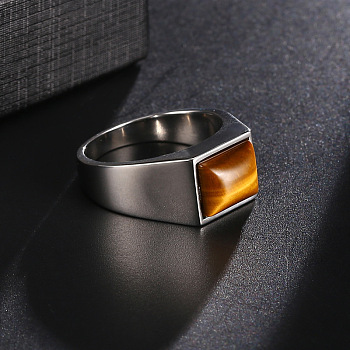 Rectangle Natural Tiger Eye Finger Ring, Alloy Jewelry, Platinum, Inner Diameter: 17.4mm