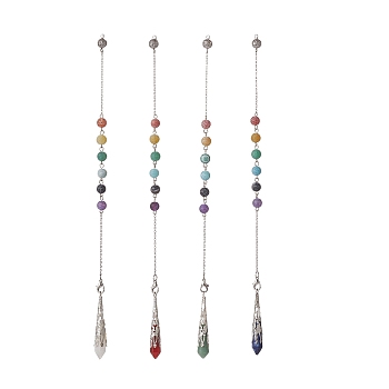 Mixed Natural Gemstone Pointed Dowsing Pendulums, Bullet Charm, with Dyed & Frosted Natural Agate, Stainless Steel Chain, Alloy Lobster Claw Clasp, 262~263mm, Hole: 1.8mm