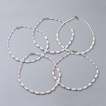 Glass Seed Beaded Necklaces, with 304 Stainless Steel Lobster Claw Clasps and Cardboard Box, Mixed Color, 15.35 inch~16.34 inch(39~41.5cm)