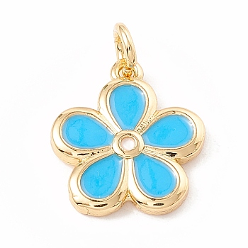 Brass Enamel Pendants, with Jump Rings, Cadmium Free & Lead Free, Long-Lasting Plated, Real 18K Gold Plated, Flower, Deep Sky Blue, 14x12.5x2mm, Hole: 3mm