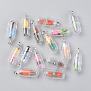 Plastic Mini Capsule Pendants, with Litter Doll & Platinum Tone Iron Findings, Mixed Color, 28x11mm, Hole: 2mm