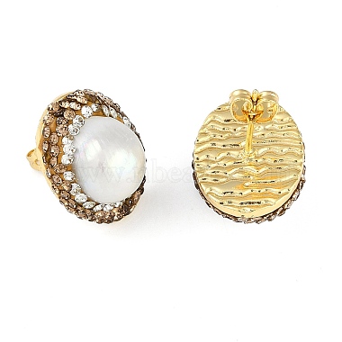 Rack Plating Oval Brass With Rhinestone & Natural Pearl Handmade Indonesia Stud Earrings(EJEW-U010-02B-G)-2