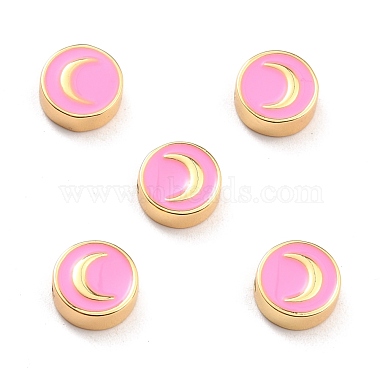 Real 18K Gold Plated Hot Pink Flat Round Brass+Enamel Beads