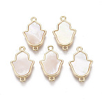 Brass Links, with Freshwater Shell, Nickel Free, for Religion, Hamsa Hand/Hand of Fatima/Hand of Miriam, Real 18k Gold Plated, Seashell Color, 19.5x12x3mm, Hole: 1.4mm(KK-R134-045-NF)