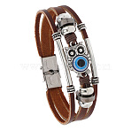 Owl with Evil Eye Link Multi-strand Bracelets, PU Leather Braided Triple Layer Gothic Bracelet for Men Women, Saddle Brown, 8-1/2 inch(21.5cm)(ANIM-PW0003-031)