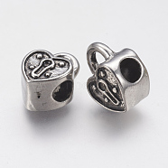 Ion Plating(IP) 304 Stainless Steel European Beads, Large Hole Beads, Heart Shape Lock, Antique Silver, 16x11x8.5mm, Hole: 4.5mm(STAS-J022-032AS)