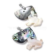 Natural Paua Shell & Black Lip Shell & White Shell Pendants, Dog Charms with Stainless Steel Color Tone Stainless Steel Snap on Bails, 49x37x4~5mm, Hole: 6.3X4.5mm(FIND-A041-02B-P)