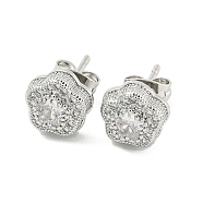 Brass Micro Pave Cubic Zirconia Ear Studs, Flower, Platinum, 9mm(EJEW-P261-16P)