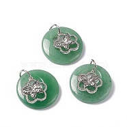 Natural Green Aventurine Pendants, Flat Round Charms, with Platinum Tone Brass Flower with Butterfly Findings, Cadmium Free & Nickel Free & Lead Free, 30~35x28~32x10~10.5mm, Hole: 2mm(G-P484-01P-25)
