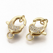 Brass Micro Pave Clear Cubic Zirconia Lobster Claw Clasps, with Jump Rings, Real 16K Gold Plated, 14x12x5mm, Hole: 3mm(ZIRC-S066-017)