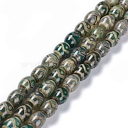 Tibetan Style dZi Beads Strands, Natural Agate Beads, Dyed & Heated, Oval, Zig Zag Pattern, 13~14x9.5~10mm, Hole: 1.2mm, about 25pcs/strand, 13.39''(34cm)(TDZI-E005-01G)