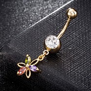 Brass Cubic Zirconia Navel Ring, Belly Rings, with 304 Stainless Steel Bar, Cadmium Free & Lead Free, Real 18K Gold Plated, Flower, Colorful, 39x11mm, Bar: 15 Gauge(1.5mm), Bar Length: 3/8"(10mm)(AJEW-EE0004-13)