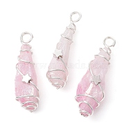 Electroplated Natural Quartz Crystal Dyed Copper Wire Wrapped Pendants, Teardrop Charms with Brass Star, Silver Color Plated, Pink, 27~37x7~13x6.5~10.5mm, Hole: 3.5mm(PALLOY-JF02327-06)
