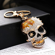 Alloy Rhinestone Pendant Keychain, with Alloy Key Rings and Lobster Claw Clasps, Long-Lasting Plated, Skull, Goldenrod, Pendant: 6x4.5cm(SKUL-PW0002-063C)
