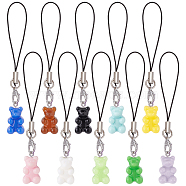 Cute Resin Bear Cell Phone Charm Polyester Cord Mobile Straps, Mixed Color, 8.5~9cm, 10pcs/set(PALLOY-PH01599)