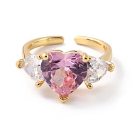 Sparkling Heart Cubic Zirconia Cuff Ring for Valentine's Day, Real 18K Gold Plated Open Ring, Cadmium Free & Lead Free, Pink, US Size 6 1/2(16.9mm)(RJEW-C017-06G-02-RS)