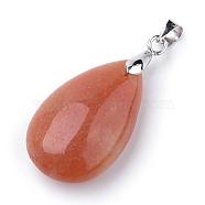 Natural Red Aventurine Pendants, with Alloy Findings, teardrop, Platinum, 23~24x14x8mm, Hole: 4x5mm(G-S243-25)