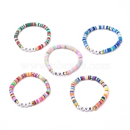 Polymer Clay Heishi Beads Stretch Bracelets, for Valentine's Day, with Acrylic Letter Beads and Brass Spacer Beads, Word Love, Mixed Color, Inner Diameter: 2-1/4 inch(5.7cm)(BJEW-JB05710)