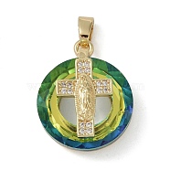 Brass Micro Pave Cubic Zirconia with Glass Pendents, Long-Lasting Plated, Cross, Green, 25x20x10mm, Hole: 6x3mm(KK-Q815-01G-03)