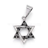 304 Stainless Steel Pendants, with Rhinestone, for Jewish, Hexagram/Star of David, Antique Silver, 22x16.5x3mm, Hole: 9x5mm(STAS-H365-05)