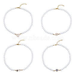 4Pcs 4 Style Heart & Evil Eye & Infinity & Helm Brass Rhinestone Pendant Necklaces Set with Imitation Pearl Beaded Chains for Women, White, 16.93~17.52 inch(43~44.5cm), 1Pc/style(BJEW-FI0001-30)