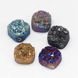 Electroplated Natural Druzy Quartz Crystal Beads, Square, Mixed Color, 14x14x8~10mm, Hole: 1.5mm(G-G888-03)