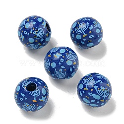 Printed Wood European Beads, Round with Candle Pattern, Dark Blue, 15.5~16mm, Hole: 4~4.5mm(WOOD-G022-15A)