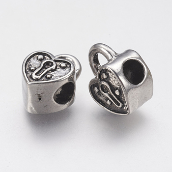 Ion Plating(IP) 304 Stainless Steel European Beads, Large Hole Beads, Heart Shape Lock, Antique Silver, 16x11x8.5mm, Hole: 4.5mm