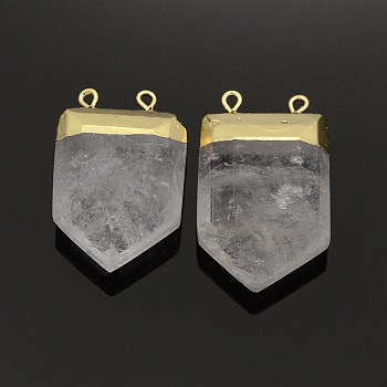 Natural Quartz Crystal Pointed Pendants, Rock Crystal, with Golden Tone Brass Findings, Crystal, 28~33x19~21x7mm, Hole: 2mm