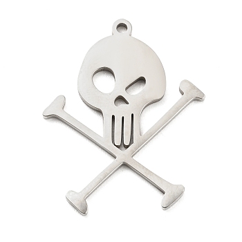 304 Stainless Steel Pendants, Laser Cut, Skull Charm, Stainless Steel Color, 27.5x22.5x1mm, Hole: 1.5mm