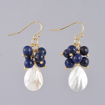 Natural Lapis Lazuli Dangle Earrings, with Natural Spiral Shell Beads, Real 18K Gold Plated Brass Earring Hooks and Copper Wire, 43mm, Pin: 0.6mm